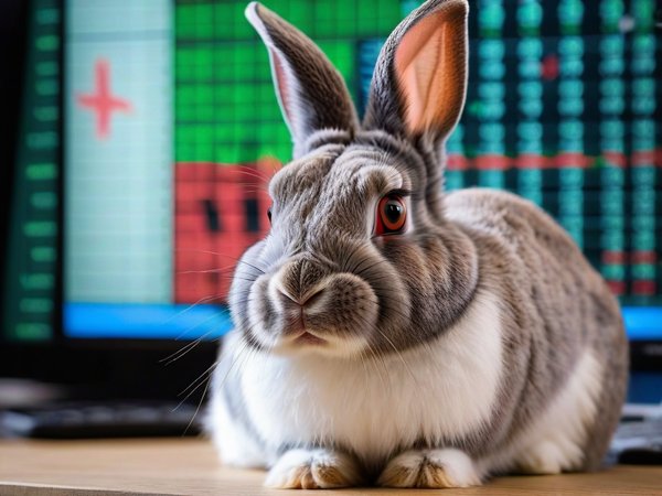 A forex trading system's rabbit looking at the camera with a shy expression, and a forex trading chart in the background