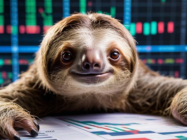 A forex trading system's sloth looking at the camera with a disgusted expression, and a forex trading chart in the background