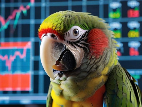 A forex trading system's parrot looking at the camera with a happy expression, and a forex trading chart in the background